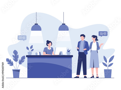 Receptionist greets clients at counter.