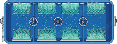 A blue rectangular object with three sections and wheels on a white background