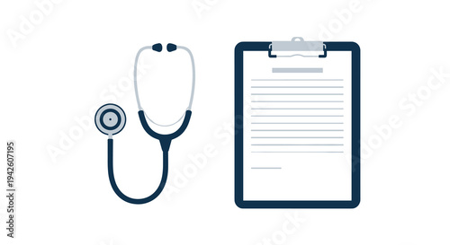 Professional medical equipment including a blue and gray stethoscope next to a clipboard with a patient document for healthcare diagnosis.