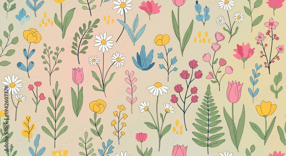 Fototapeta premium Decorative seamless floral background with hand-drawn wildflowers in warm earthy palette