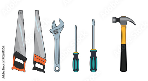 Various hand tools including saws, an adjustable wrench, screwdrivers, and a claw hammer arranged in a row on a white background.