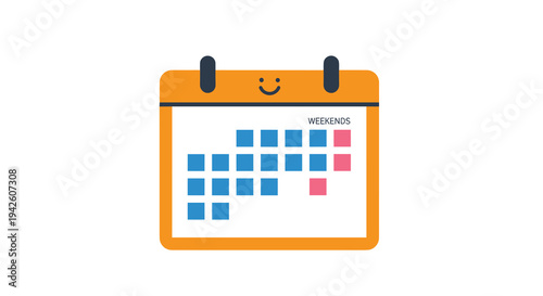 Bright orange calendar illustration featuring a smiley face and highlighted weekend dates for scheduling and holiday planning concepts.