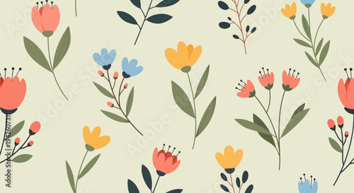 Elegant seamless botanical illustration with delicate flowers and calm earthy color scheme