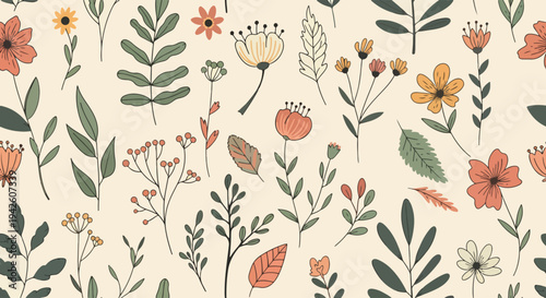 Stylish floral design with tulips and tiny blossoms arranged in clean seamless layout