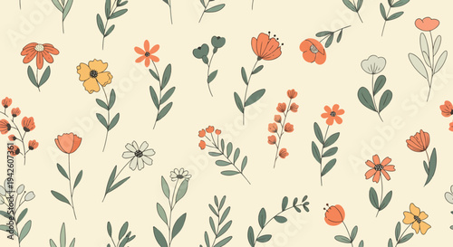 Gentle botanical pattern featuring scattered flowers and branches in harmonious muted colors