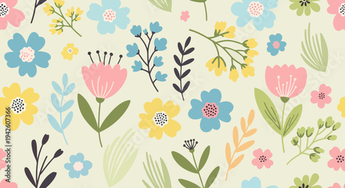 Minimal floral repeat with abstract tulips and leaves in modern soft color combination