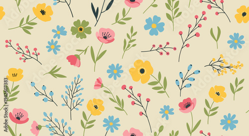 Cute spring flower pattern with simple shapes and gentle tones perfect for nursery decor