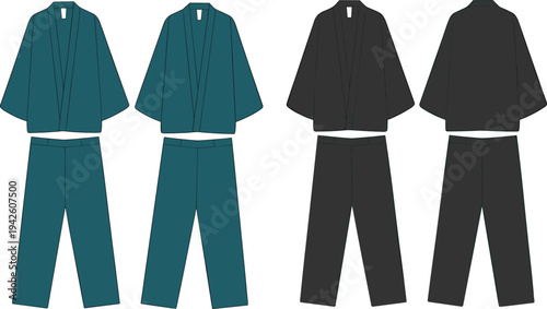 Unisex, relaxed-fit kimono-style jacket and pants technical illustration, a two-piece fashion set perfect for casual wear, loungewear, and apparel mockups.