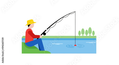 Man Sitting Fishing River.