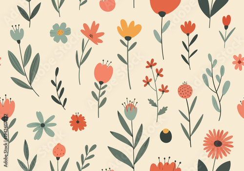 Cute simple blossoms with watercolor shading and green leaves