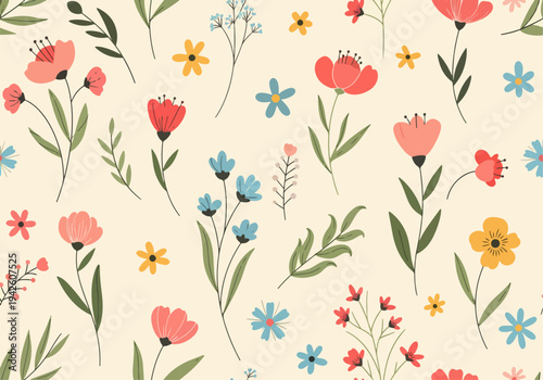 Seamless spring flower design with playful pastel colors