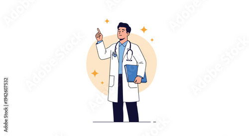 Professional male doctor in a white coat and stethoscope holding a clipboard and pointing upwards with a confident expression.