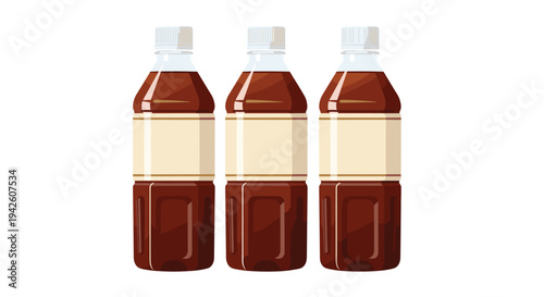 Three identical plastic bottles filled with dark brown liquid and blank labels arranged in a row for beverage product display.