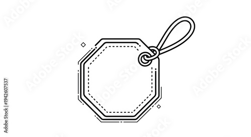 Blank octagonal price tag with a string loop in black line art style for product labeling, retail, and sales promotion concepts.