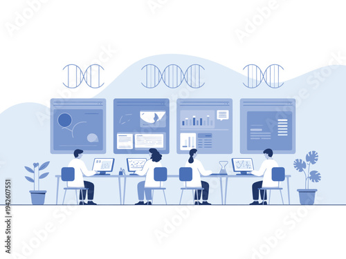 Scientists analyze data on computer.
