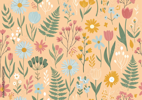 Minimal botanical flowers arranged in seamless surface design