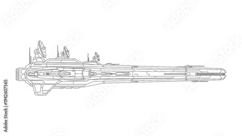 Futuristic Vessel: An intricate line drawing of a sleek spacecraft, designed for interstellar travel and exploration. Its detailed structure and advanced technology hint at the wonders of the cosmos.