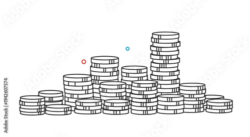 Black and white line art illustration of multiple stacks of coins of varying heights representing financial savings and banking.