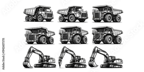 Detailed Line Art Collection of Heavy Construction Vehicles: Dump Trucks, Mining Trucks, and Excavators in Black and White Sketch Style for Industrial and Transportation Designs.