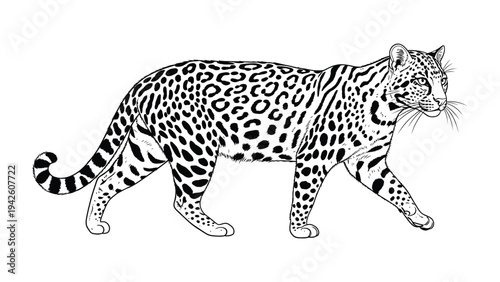 Jaguar in Profile: A meticulously drawn jaguar strides confidently, showcasing its distinctive rosette pattern. This monochrome depiction celebrates the power and grace of this magnificent animal.