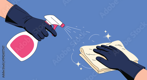 Two hands wearing protective dark blue gloves spraying disinfectant and wiping a surface with a cloth for sanitation and hygiene.