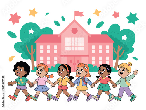 Young schoolgirls walk holding hands.