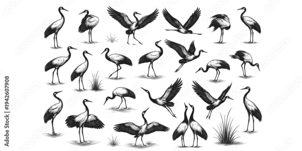 Obraz premium Elegant Crane Sketch Collection: 18 Hand-Drawn Storks in Various Poses, Wildlife Art