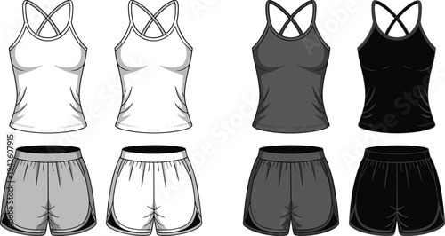 Sportswear essentials technical vector illustration, featuring a tank top and shorts in various colors, perfect for athletic apparel design and mockup purposes.