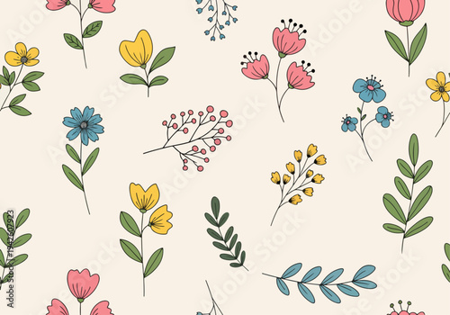 Seamless decorative floral background with hand painted blooms