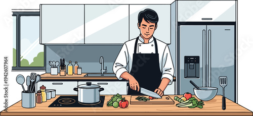 Chef preparing vegetables on cutting board in modern kitchen vector illustration