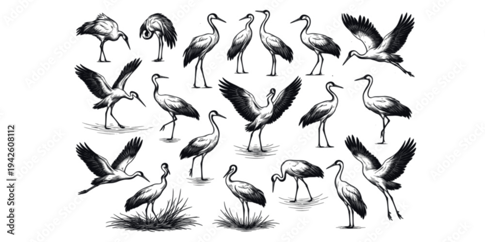 Obraz premium Elegant Crane Sketch Collection: 18 Hand-Drawn Storks in Various Poses, Wildlife Art 