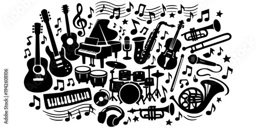 Detailed monochrome doodle illustration of various musical instruments and music notes, featuring guitars, pianos, saxophones, violins, drums, and brass instruments. 