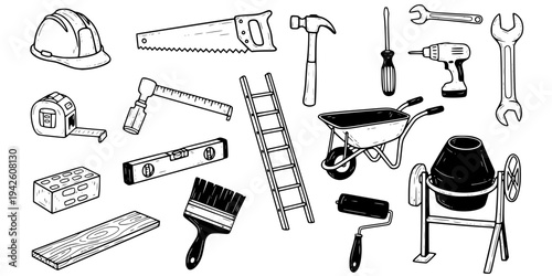 Construction Doodle Set: Hand-Drawn Building Material and Tools Vector Illustration
