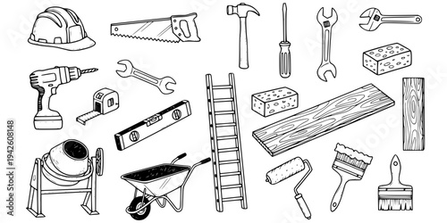 Construction Doodle Set: Hand-Drawn Building Material and Tools Vector Illustration
