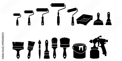 Collection of various paint rollers and brushes for painting, decorating, and home improvement works, vector illustration.
