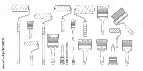 Collection of various paint rollers and brushes for painting, decorating, and home improvement works, vector illustration.
