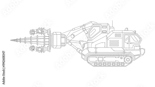 Industrial Drilling Machine: A detailed line drawing of a massive industrial drilling machine, poised for excavation and construction. Showcasing precision engineering and powerful machinery.