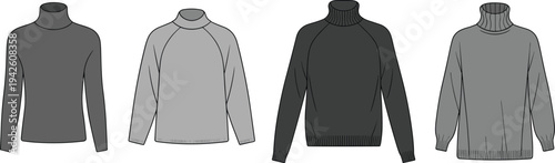Men's and women's turtleneck sweater technical fashion illustrations, featuring diverse styles, fits, and sleeve types, perfect for apparel design and clothing mockups.