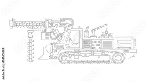 Heavy Duty Drill: Industrial drilling machine, poised for extracting earth materials, showcasing intricate details in a stark, technical illustration.