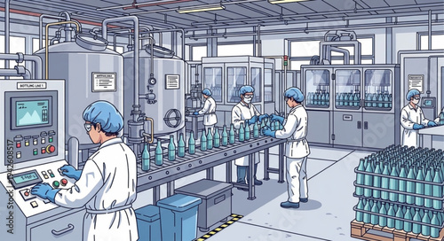 Bottling Plant Workers in Lab Coats.