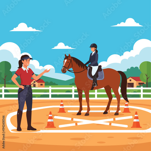 Horse Trainer Coaching Rider

Flat vector illustration of a horse trainer standing beside a riding arena while instructing a rider on horseback. Cones and training markers visible. Flat vector style, 