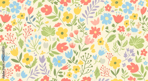 Decorative spring blossom pattern with watercolor flowers and stems