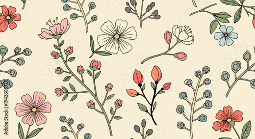 Fresh spring garden pattern with charming hand painted blossoms