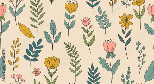 Scandinavian style pastel flower pattern with simple watercolor flowers
