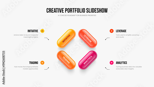 Business Growth Presentation Design Vector Illustration. Investor Plan Four Element Infographic Slideshow Layout. Sales Report 4 Option Diagram Frame Template.