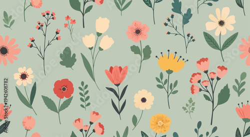 Seamless botanical surface pattern with colorful watercolor flowers and airy composition