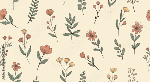 Light spring floral background with simple hand drawn blossoms and green stems
