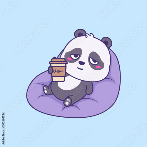 Cute Lazy Panda Cartoon Relaxing on Bean Bag and Drinking Coffee