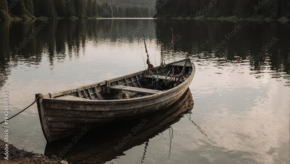 Obraz premium A weathered rowboat rests on tranquil lake near dense forest. Reflection, muted tones