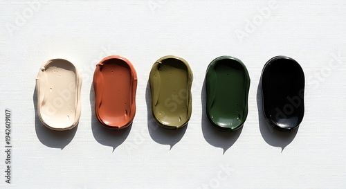 Five swatches of paint in various earthy tones, arranged in a row on a white surface.